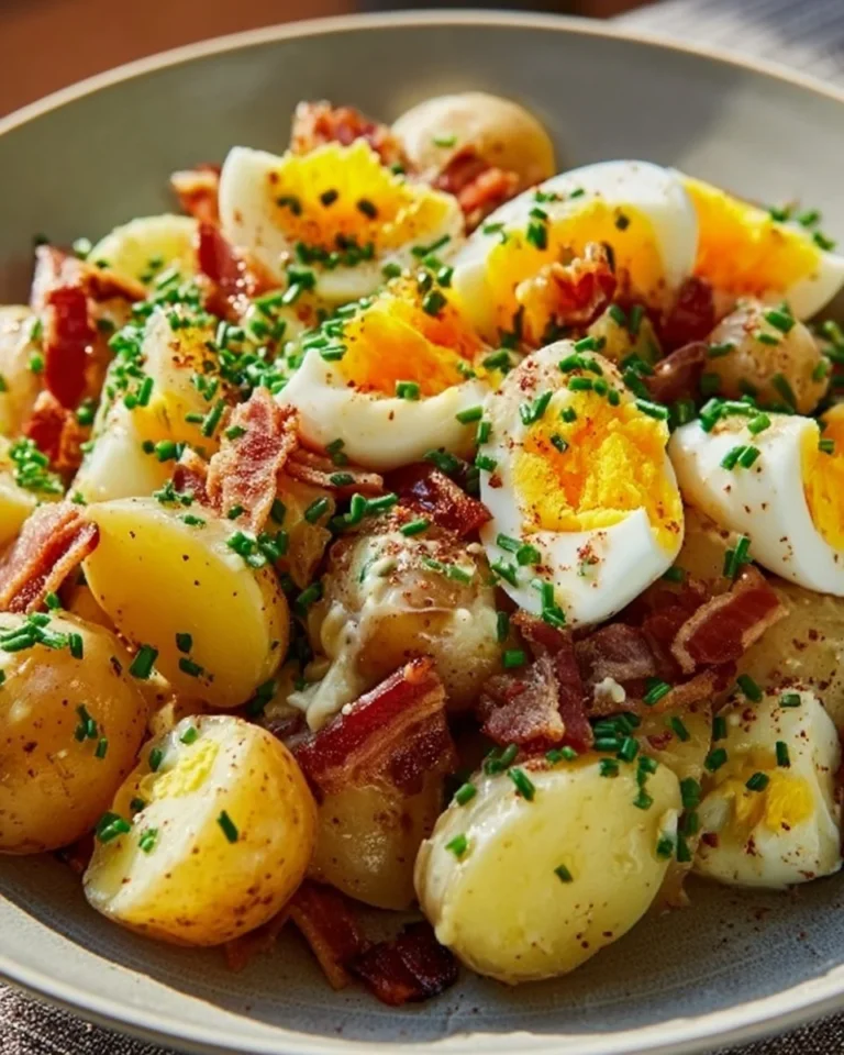 Salade de pommes de terre avec lardons et œufs brouillés, un plat savoureux.