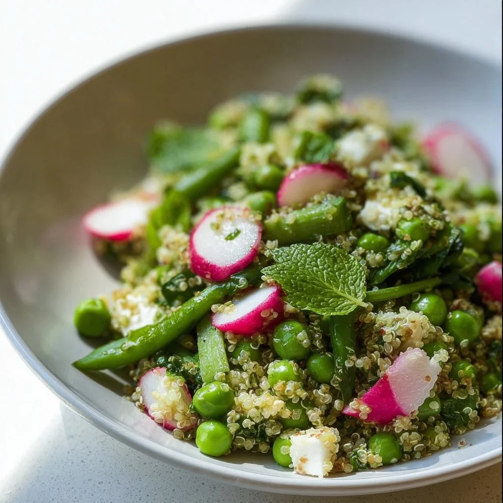 Salade petit pois, quinoa et feta servie dans un bol coloré