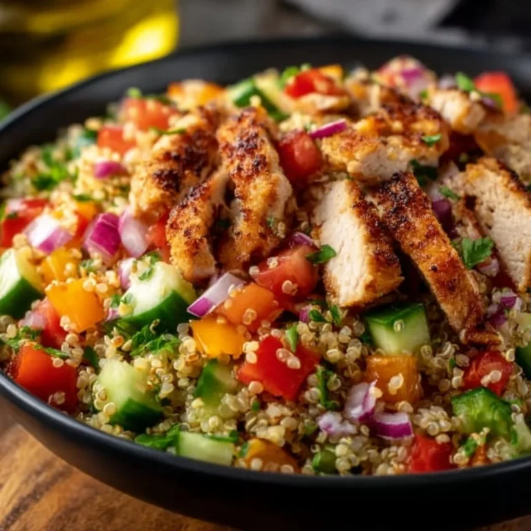 Salade quinoa poulet fraîche et colorée servie dans un bol