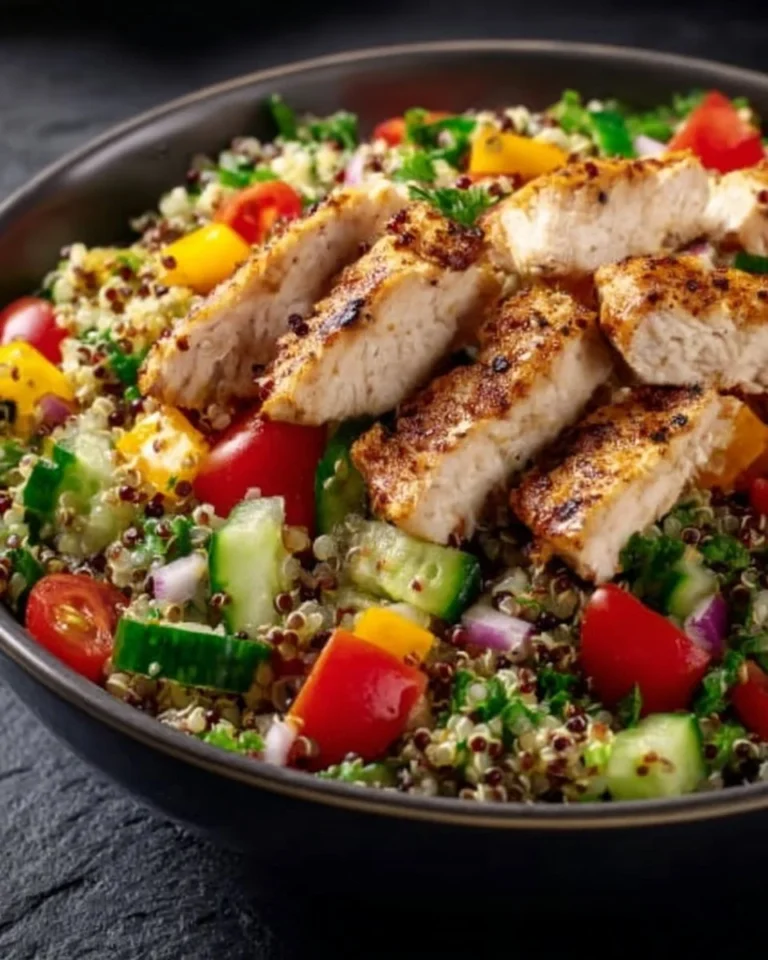 Salade de quinoa poulet garnie de légumes frais et vinaigrette légère.