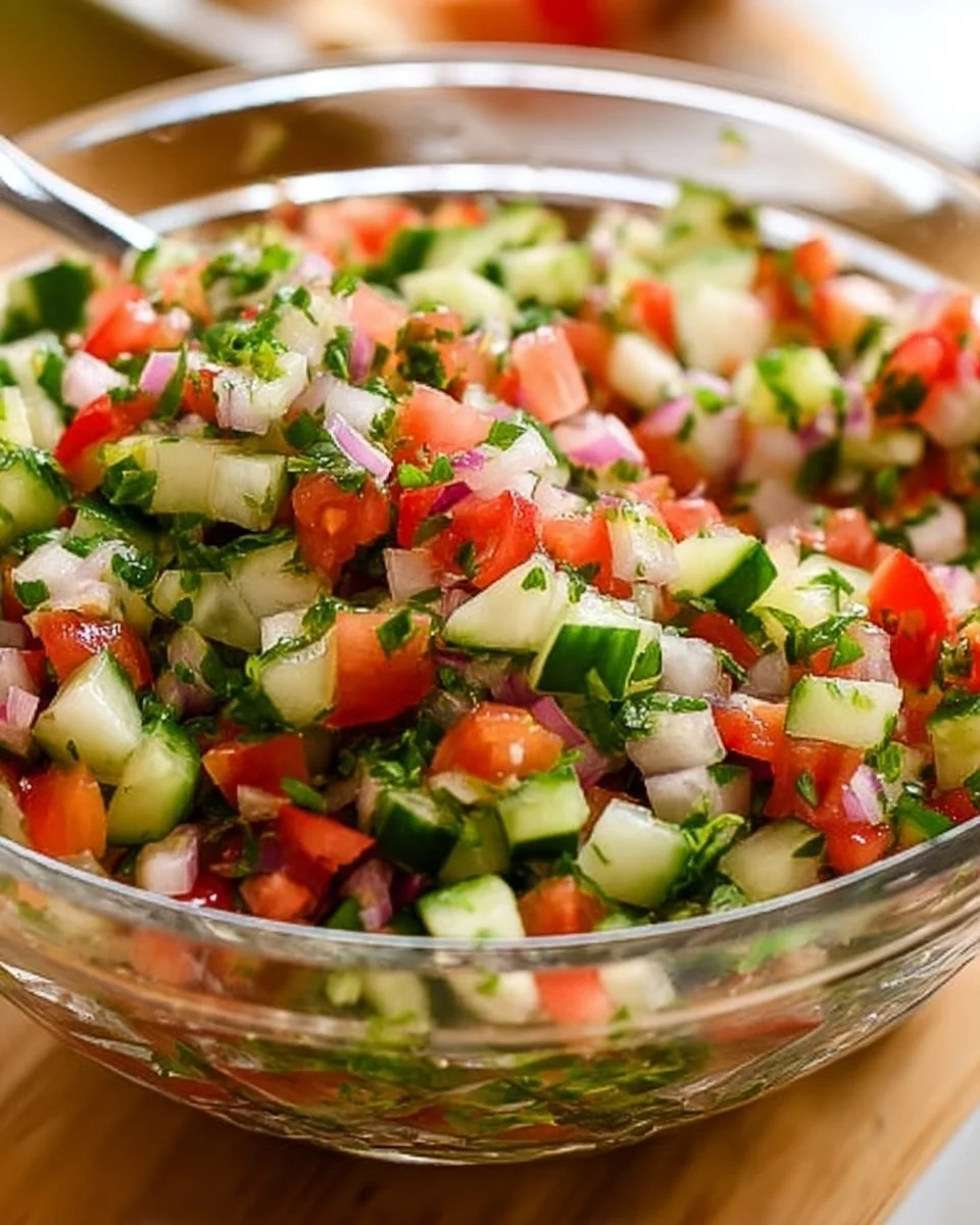 Bol de Salade Shirazi avec tomates, concombre et oignons frais.