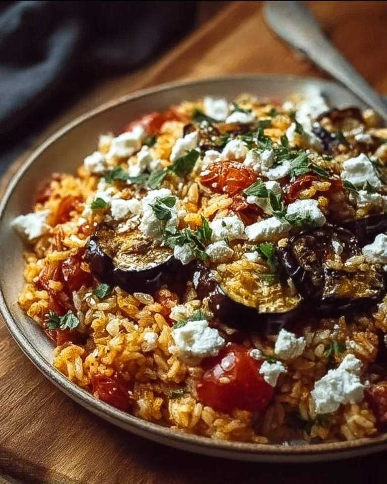 Sauté d'aubergines, riz et feta dans un plat savoureux et coloré.