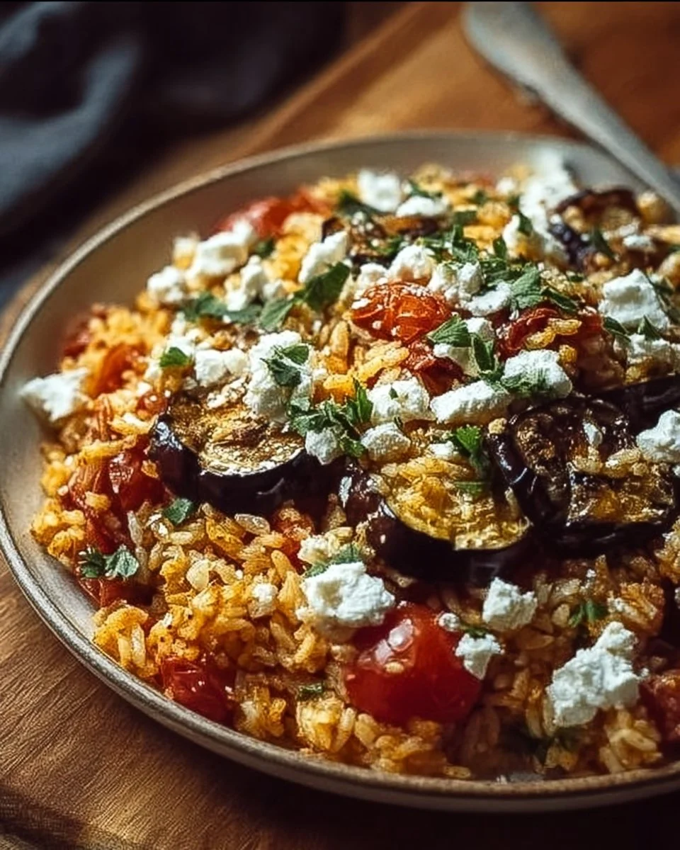 Sauté d'aubergines, riz et feta dans un plat savoureux et coloré.