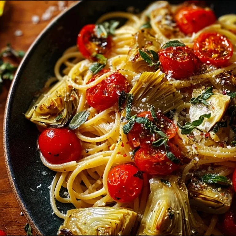 Spaghettis au citron, tomates et artichauts dans une assiette élégante
