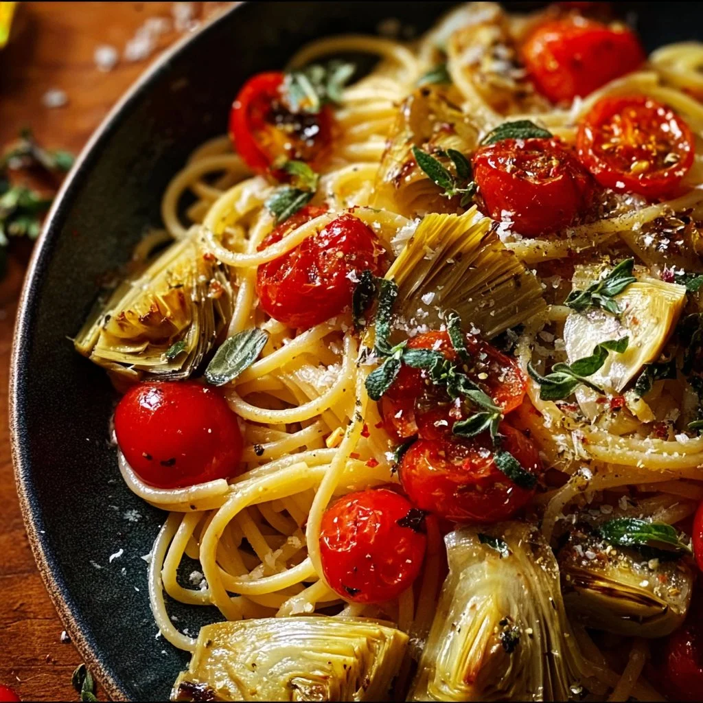 Spaghettis au citron, tomates et artichauts dans une assiette élégante