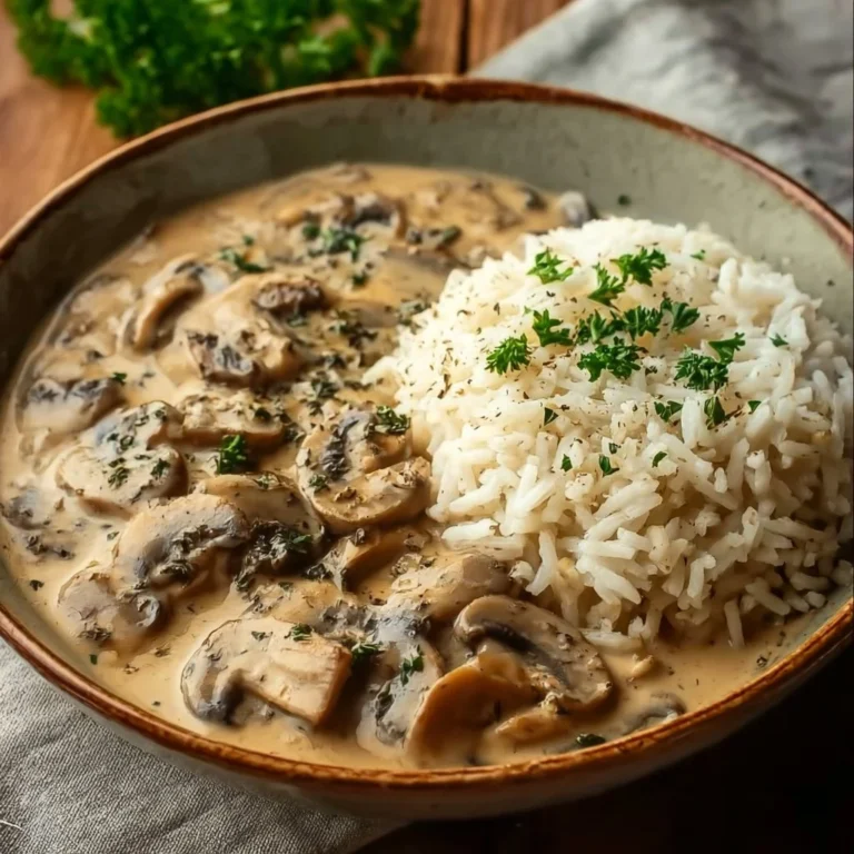 Stroganoff de champignons avec riz complet servi dans une assiette.