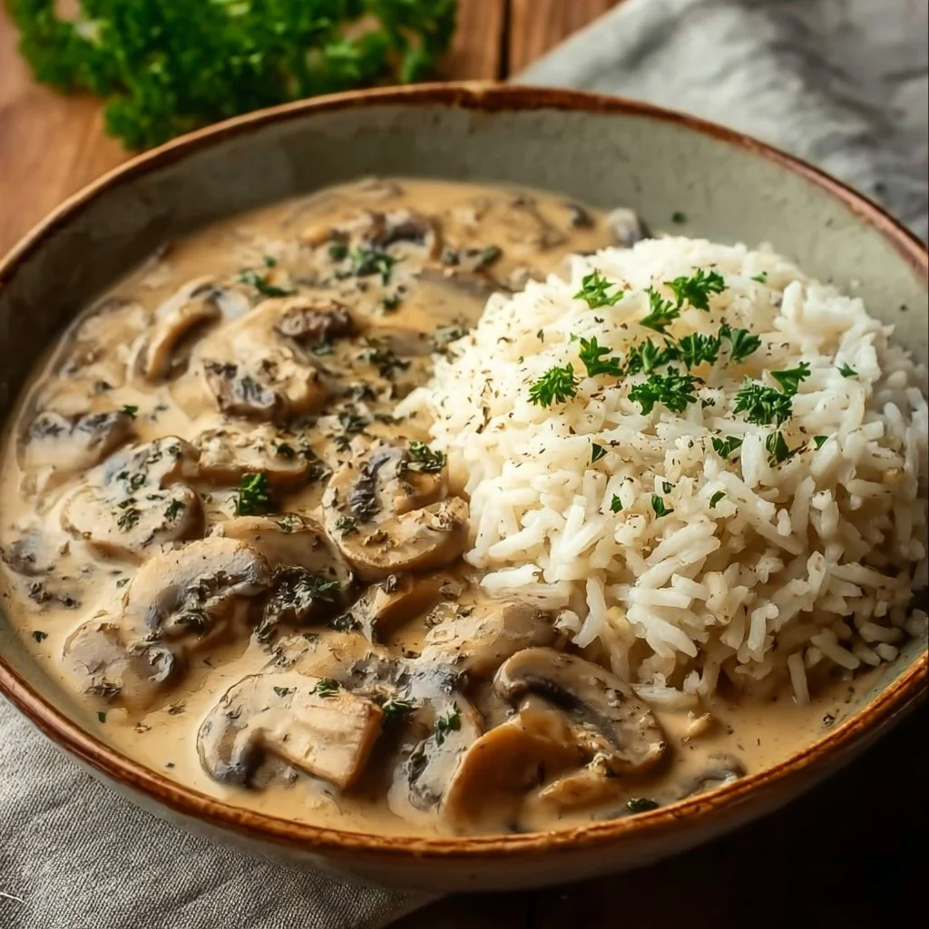 Stroganoff de champignons avec riz complet servi dans une assiette.
