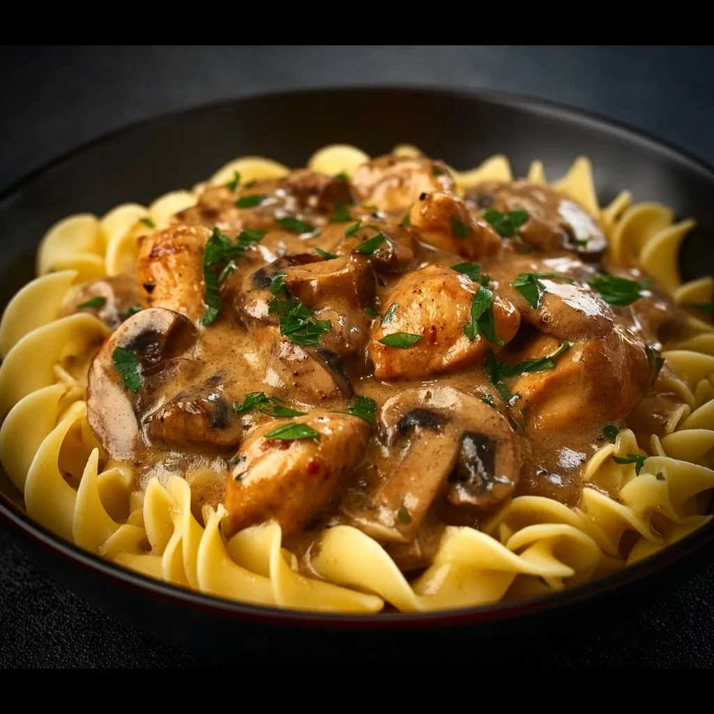 Plat de Stroganoff de poulet aux champignons servi dans une assiette blanche