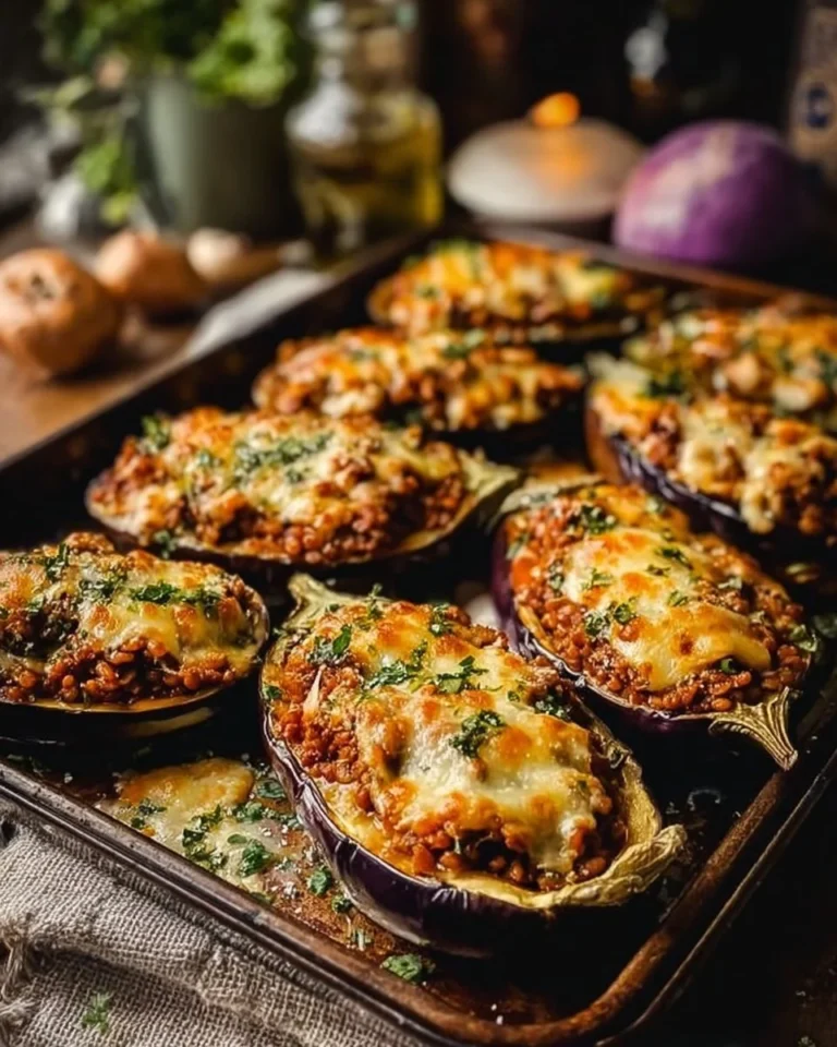 Aubergines farcies au Bolognese de lentilles, plat végétalien délicieux.