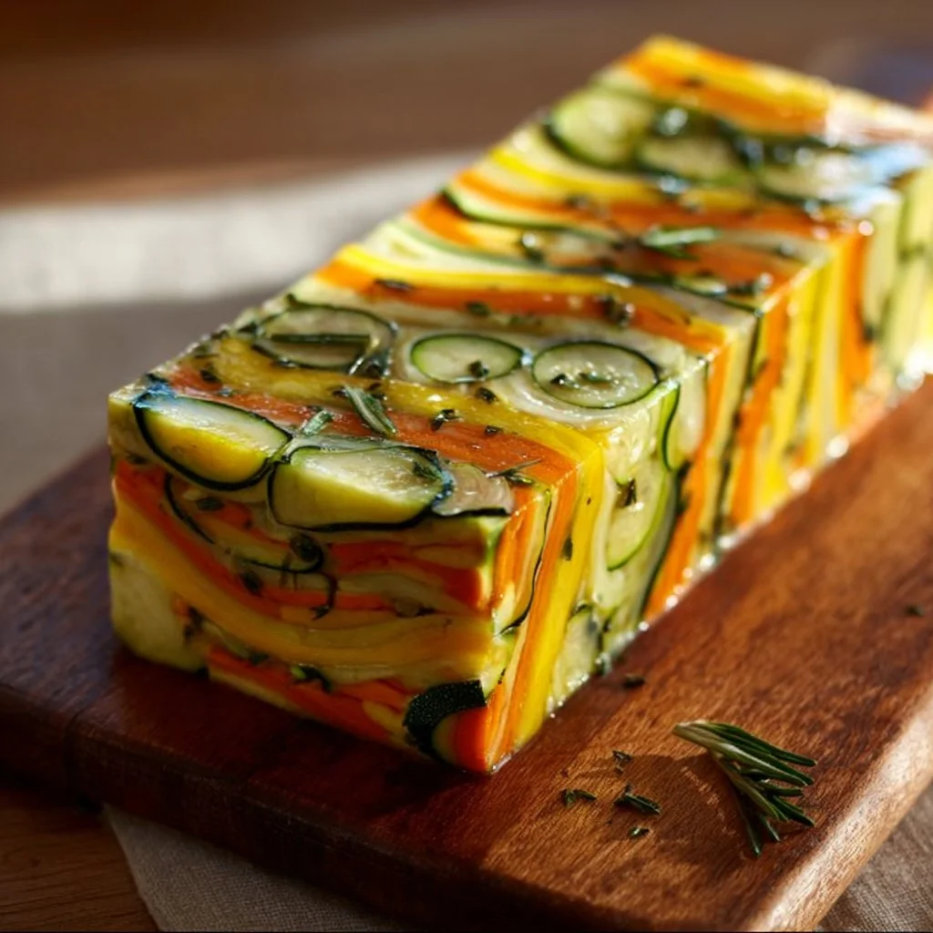 Terrine de légumes colorée et savoureuse présentée sur une table