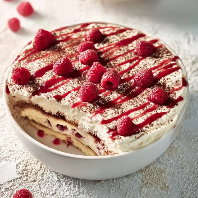 Tiramisu crémeux avec des framboises fraîches, un dessert élégant et savoureux.
