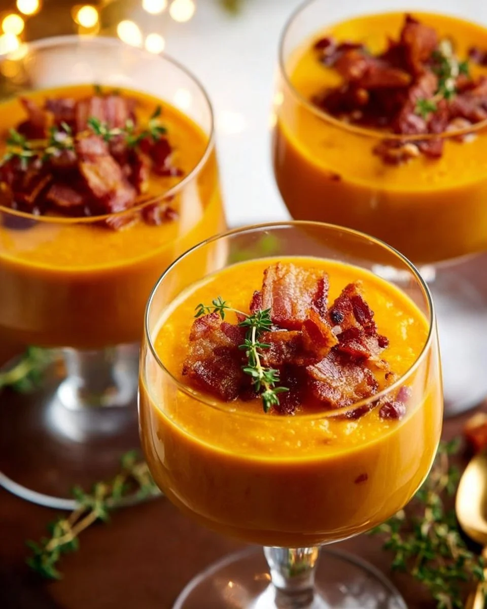 Verrine de butternut au chorizo et lardons servie dans un verre élégant