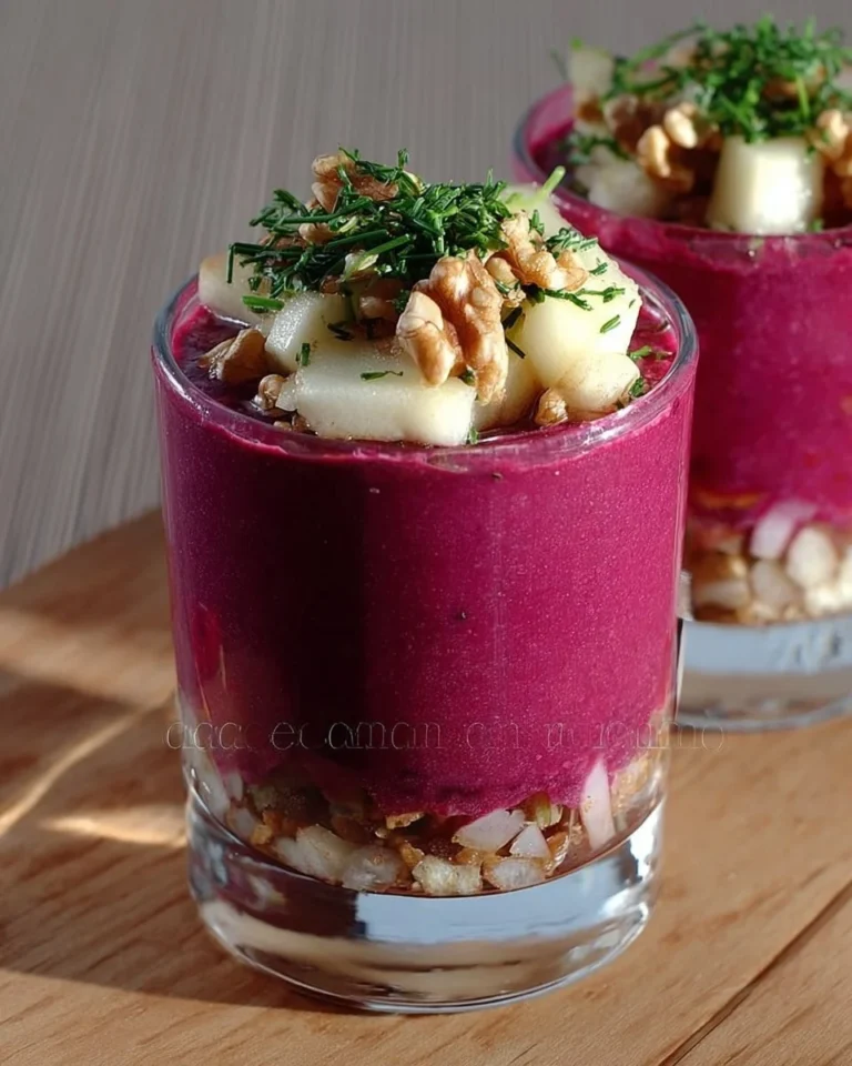 Verrines colorées à la betterave avec pomme et noix, présentation appétissante