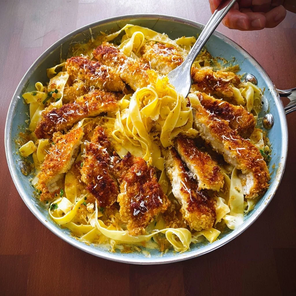 Aiguillettes de poulet crispy servies avec des tagliatelles fraîches