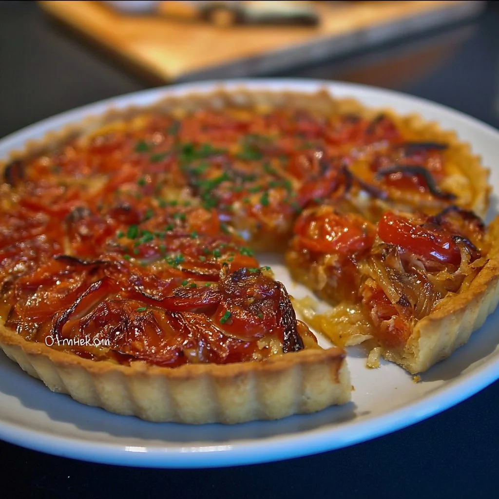 Tarte à la tomate et oignons fondants, un apéritif dinatoire savoureux.