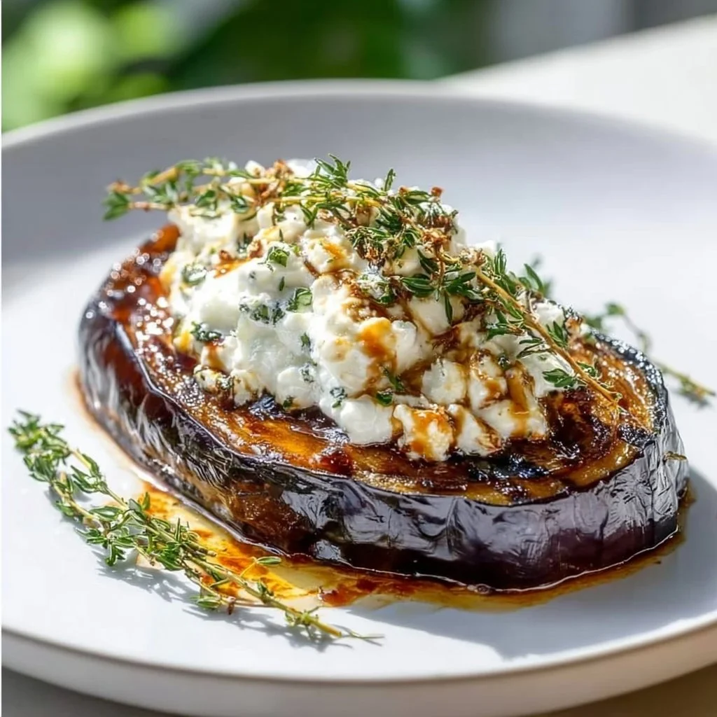 Aubergine confite au four, miel, thym et crème de feta fouettée