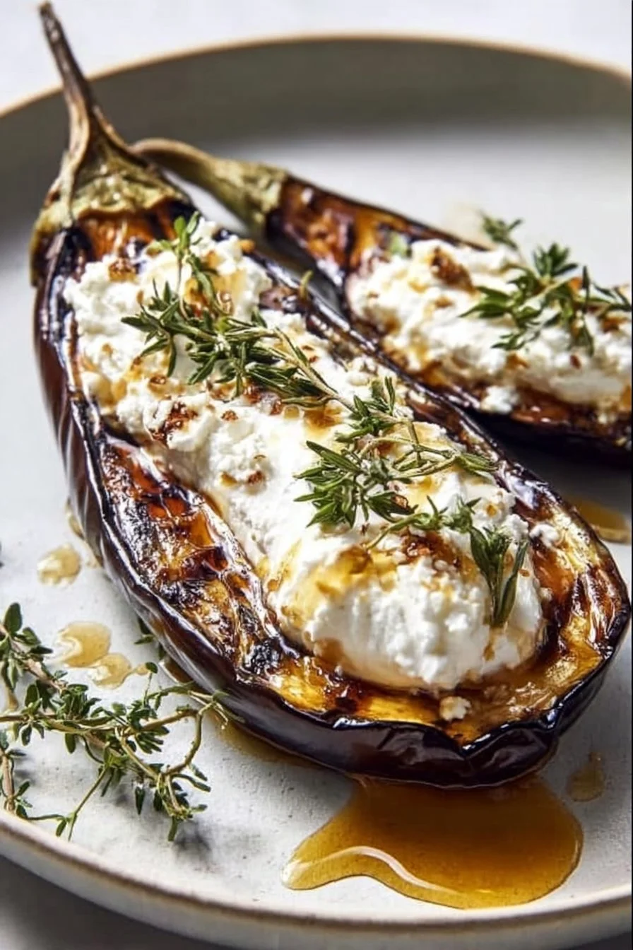 Aubergine confite au four avec miel, thym et crème de feta fouettée