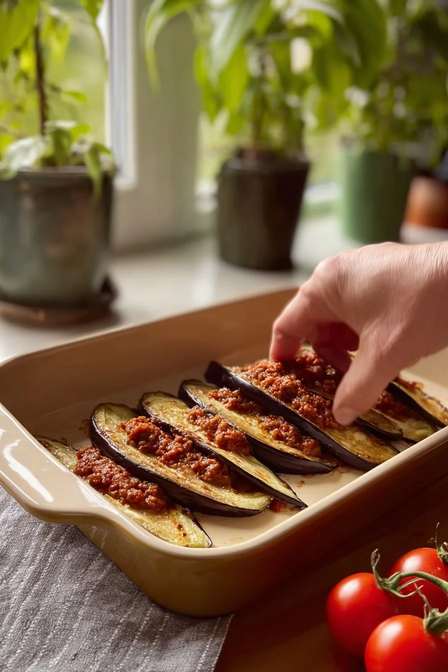Aubergines farcies au ragù en couches, un plat savoureux et coloré.