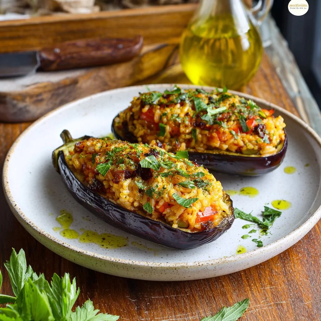 Aubergines farcies au riz et à la tomate, un plat coloré et appétissant.