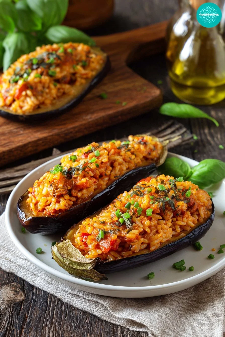 Aubergines farcies au riz et à la tomate, un plat délicieux et coloré.