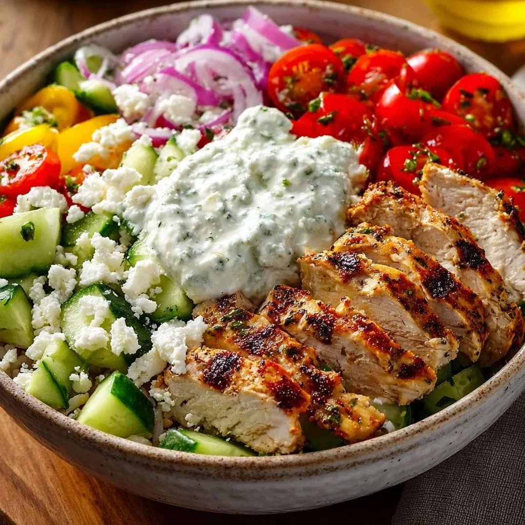 Bol de poulet grec avec légumes et sauce tzatziki