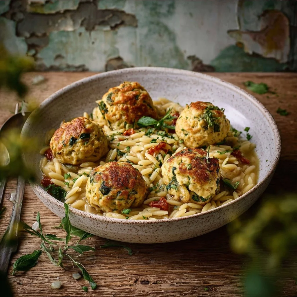 Boulettes de poulet savoureuses avec orzo crémeux au pecorino - Clemfoodie