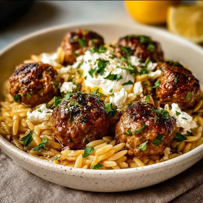 Boulettes grecques servies avec orzo citronné et crème de feta