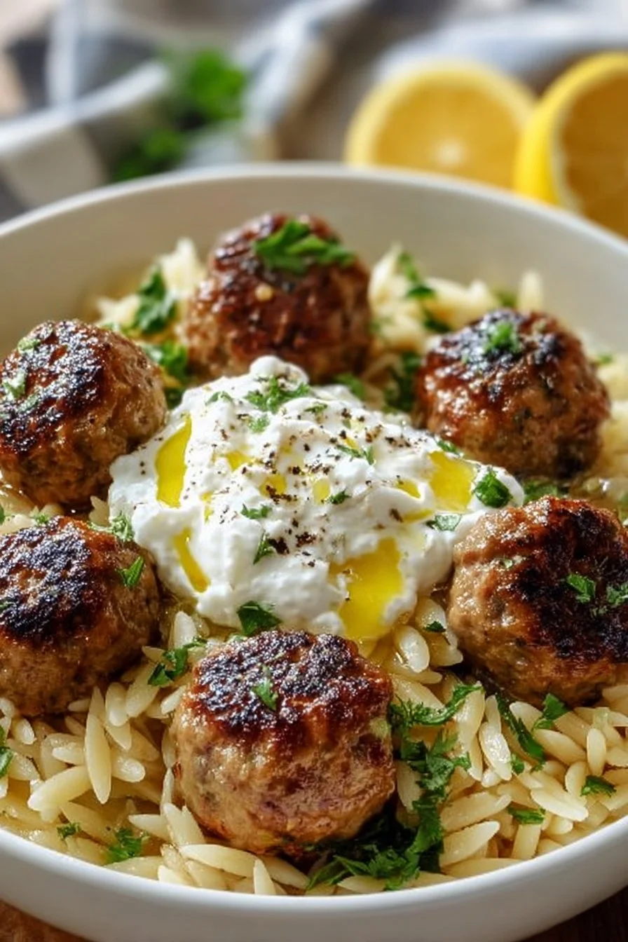 Boulettes grecques servies avec orzo citronné et crème de feta dans une assiette colorée.