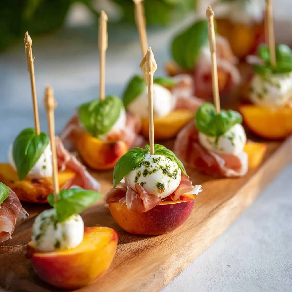 Brochettes d'apéritif de mozzarella, prosciutto et pèches marinées sur une assiette