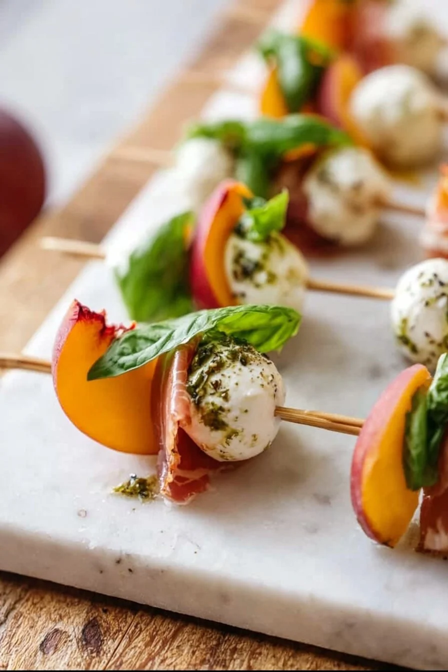 Brochettes de mozzarella, prosciutto et pêches marinées prêtes à servir