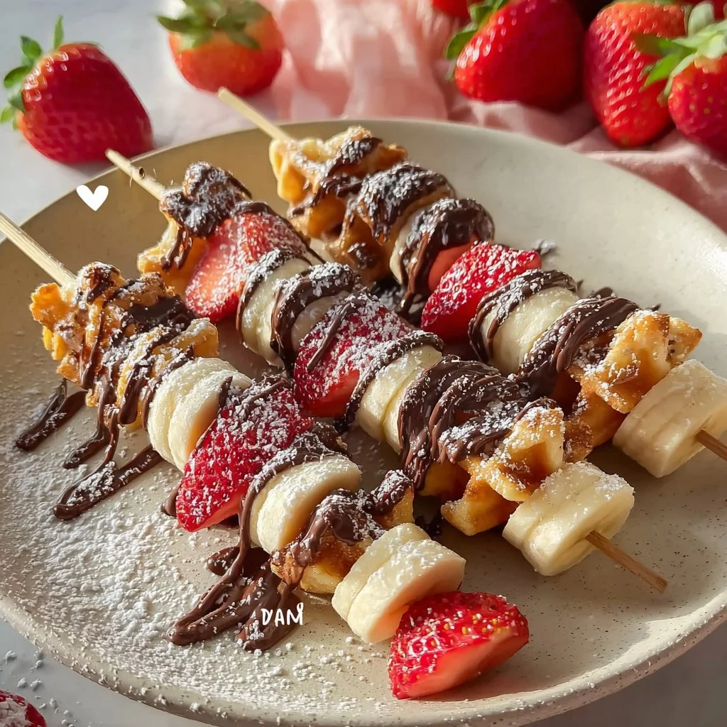 Brochettes de fruits frais et gaufres servies ensemble pour un dessert savoureux.