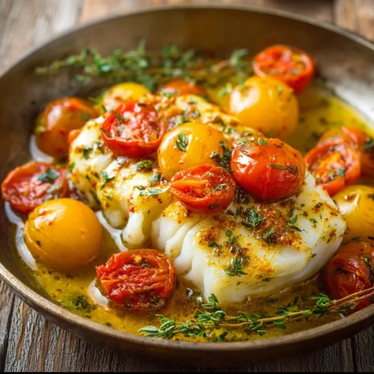 Cabillaud aromatisé au vin blanc, tomates fraîches et basilic, plat gourmet.