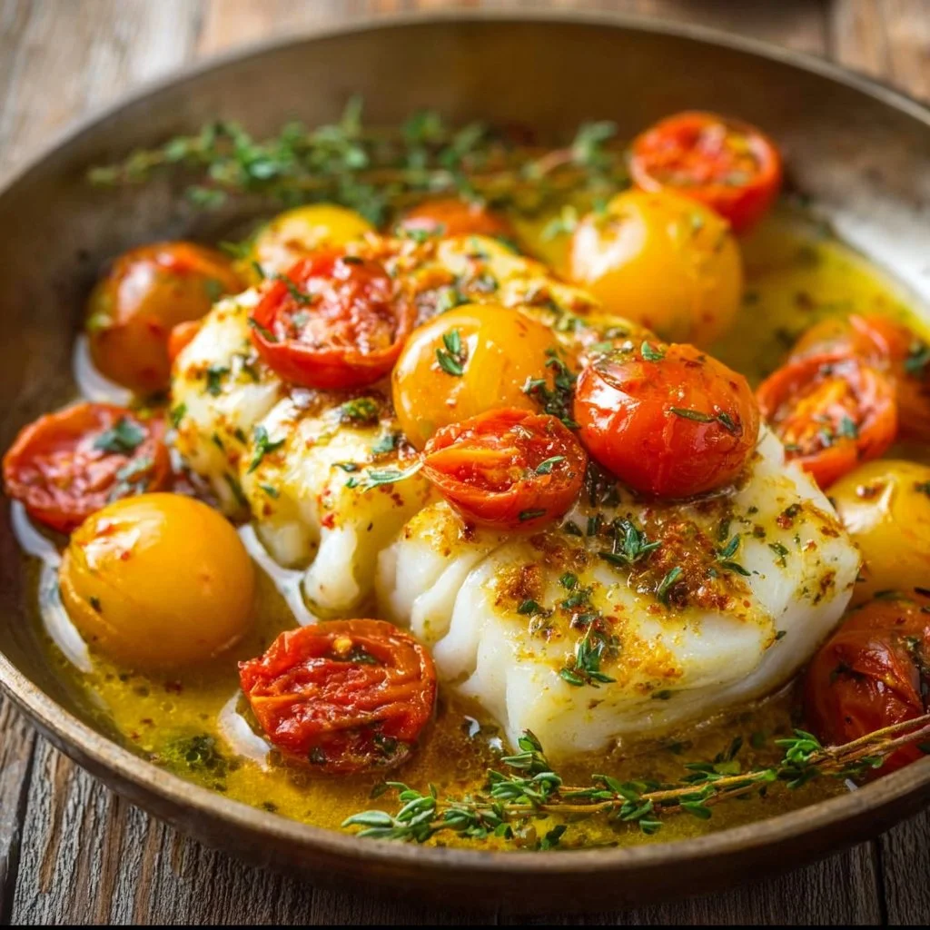 Cabillaud aromatisé au vin blanc, tomates fraîches et basilic, plat gourmet.