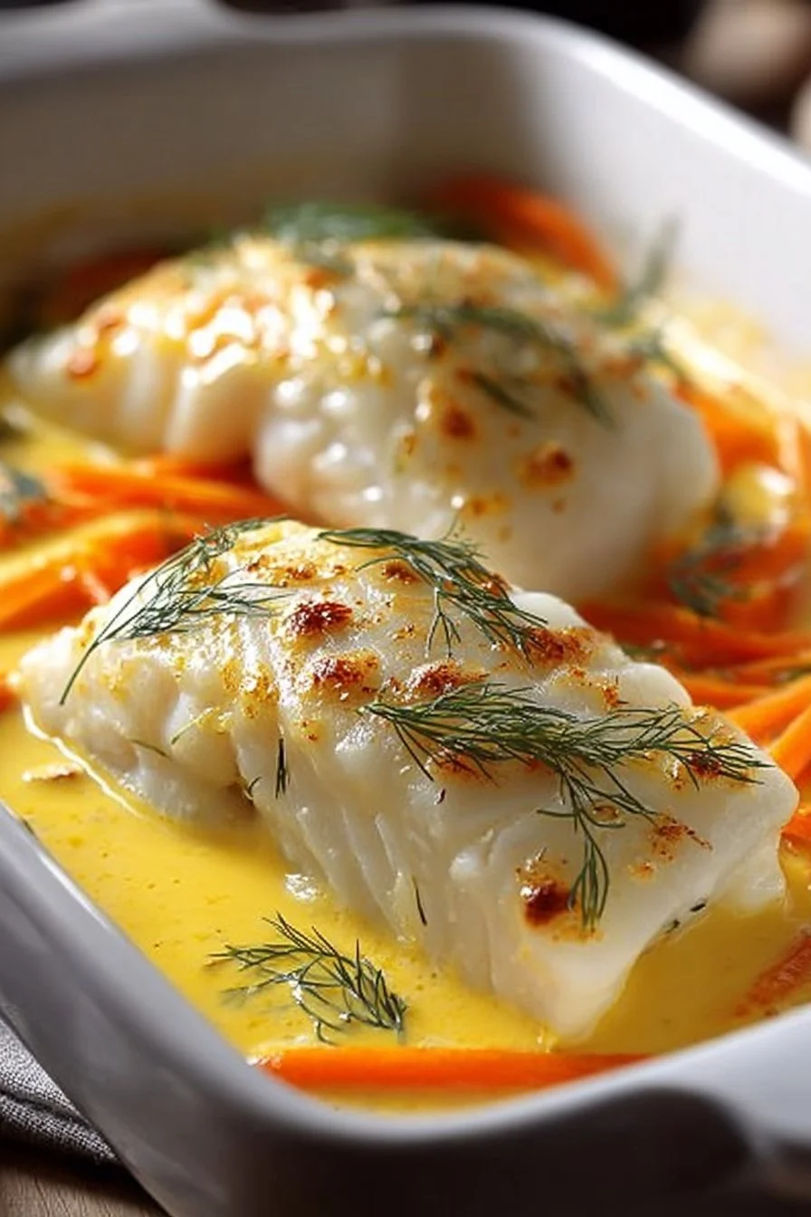 Cabillaud avec sauce onctueuse et légumes colorés dans une assiette élégante