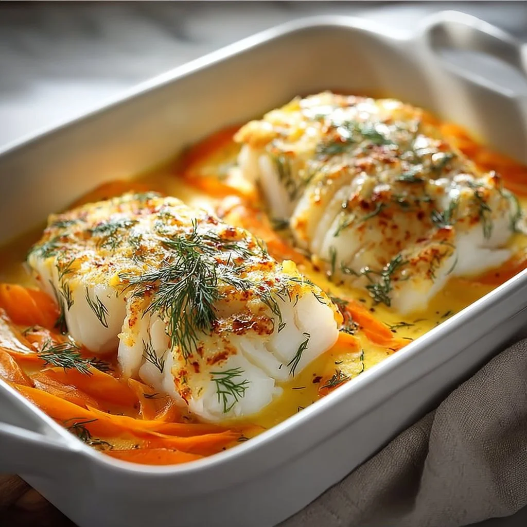 Plat de cabillaud en sauce avec légumes colorés
