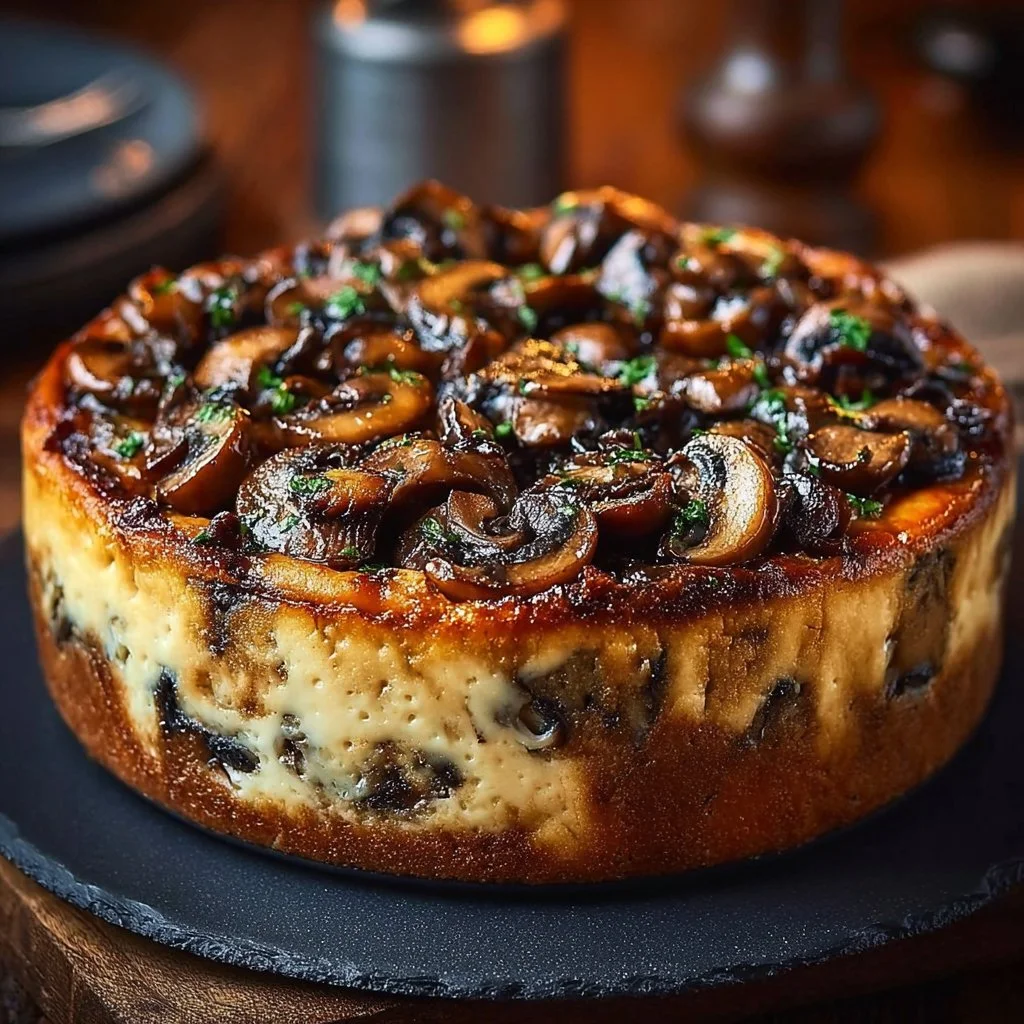 Cake salé aux champignons, Comté, noisettes et persil, idéal pour apéritif.