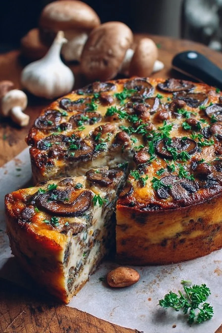 Cake salé aux champignons, Comté, noisettes et persil sur une table