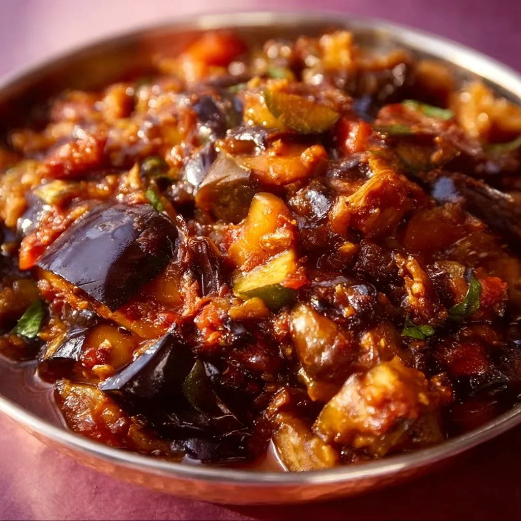 Caponata sicilienne avec aubergines, tomates et herbes fraîches.