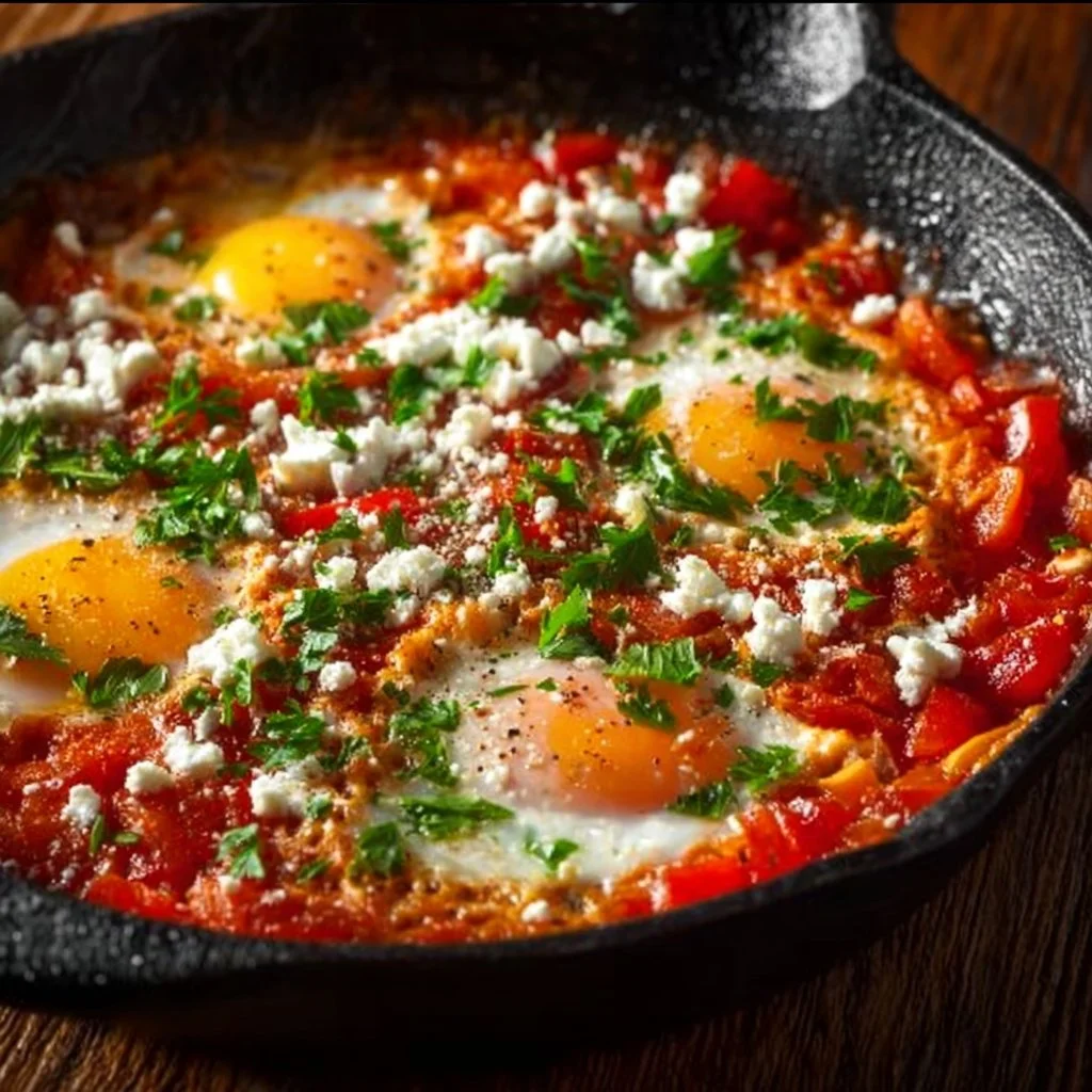 Plat de Chakchouka préparé avec des œufs et des légumes colorés