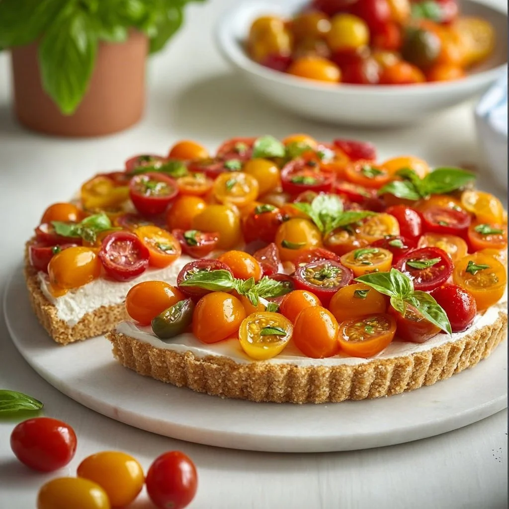 Photographie d'un cheesecake salé crémeux décoré de légumes frais