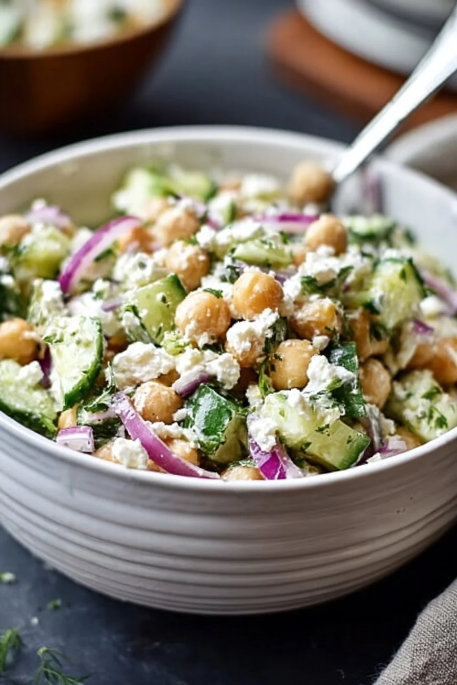 Salade de pois chiches, concombre et feta dans un bol.