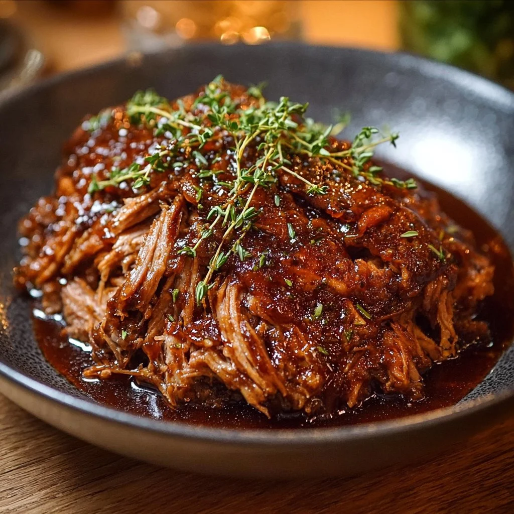 Cochon Confit à la Bière et au Sirop d'Érable, plat savoureux et réconfortant.