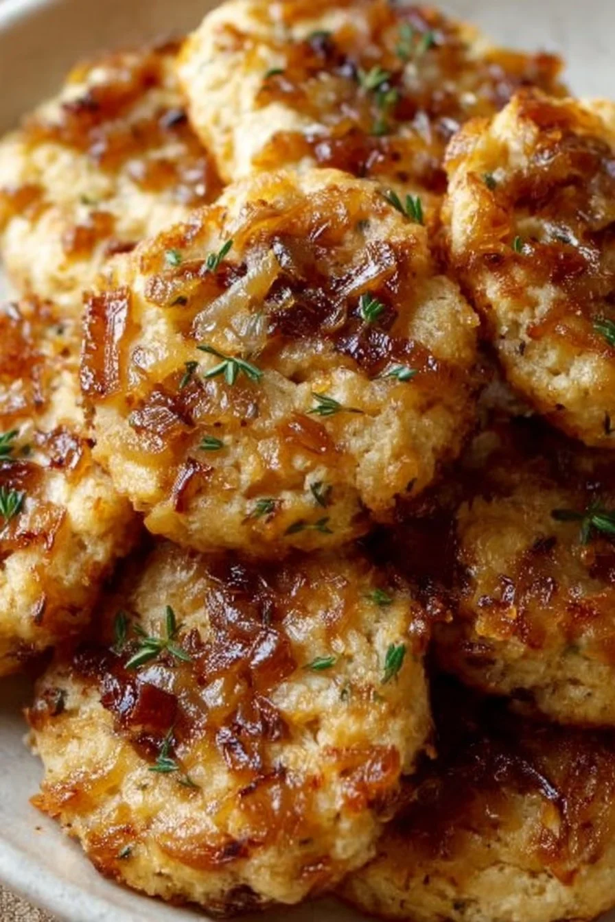 Cookies salés moelleux aux oignons caramélisés et au comté sur une assiette