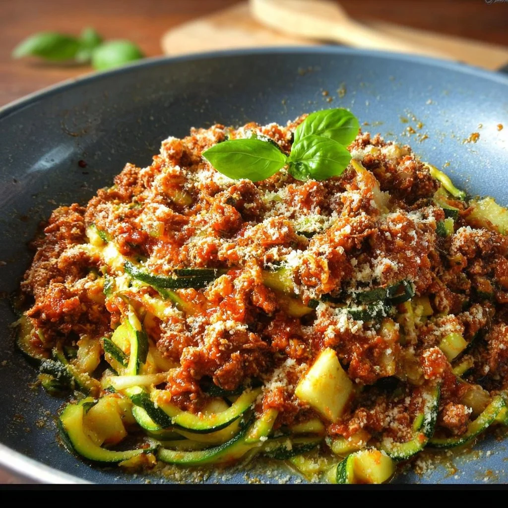 Plat de courgettes bolognaise, fondantes et parfumées, présenté en assiette.