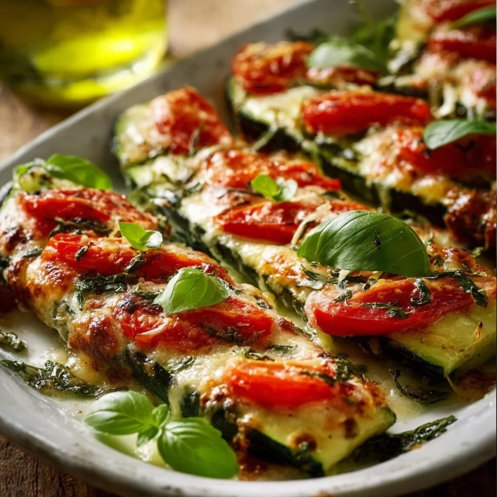 Courgettes façon pizza garnies de fromage et d'ingrédients frais