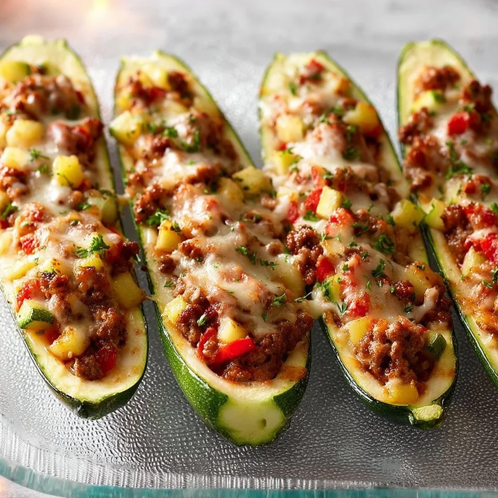 Courgettes farcies à la viande et aux légumes, plat savoureux et coloré.