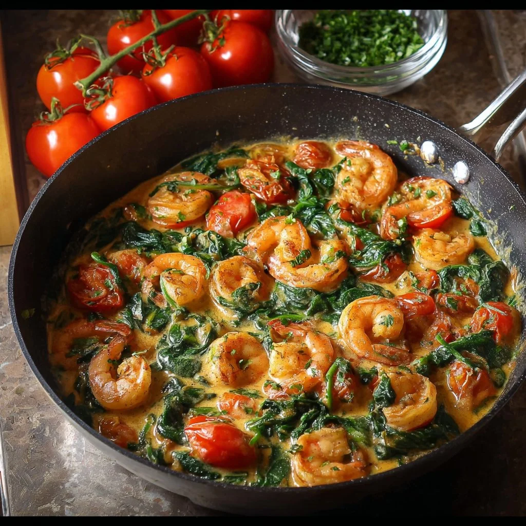 Crevettes à la crème de parmesan et épinards dans un plat appétissant