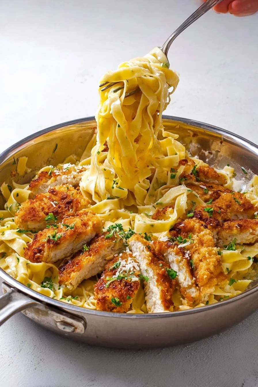 Strips de poulet croustillants accompagnés de tagliatelles crémeuses à l'ail