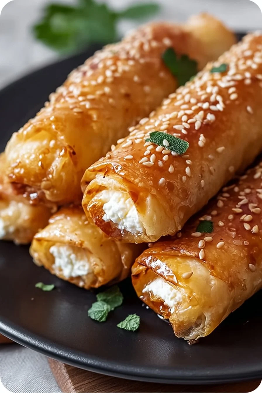 Crispy Feta Rolls accompagnés de miel épicé sur une assiette élégante