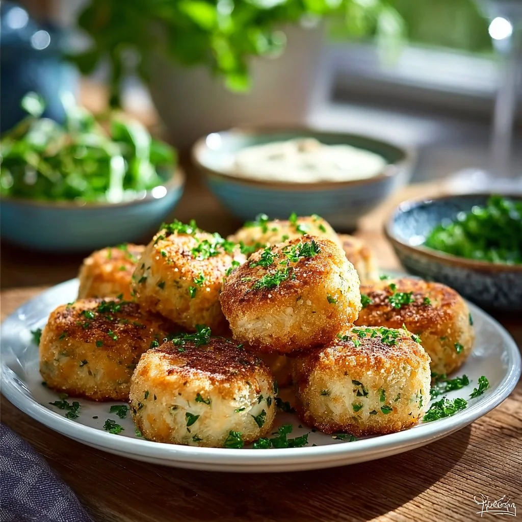 Croquettes de thon aux herbes fraîches servies sur une assiette appétissante.